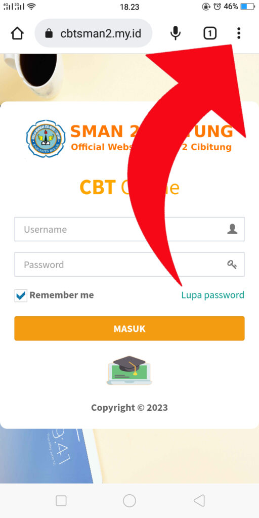 Install Aplikasi CBT SMADU chrome smartphone klik titik tiga diatas kanan
