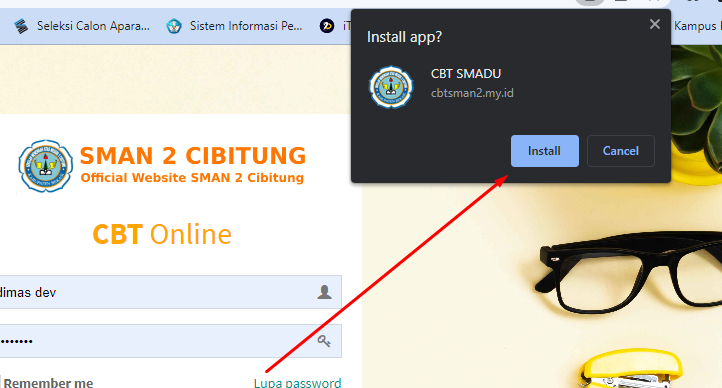 Install App CBT SMADU pada Browser Chrome di PC atau Laptop